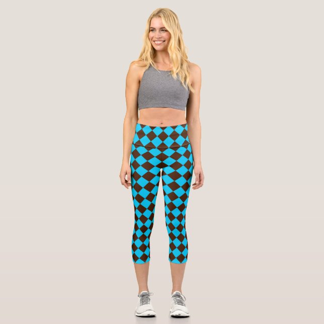 Blue Brown Diamond Chequered Pattern Capri Leggings (Front)
