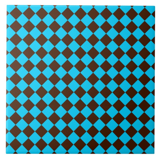 Blue Brown Diamond Chequered Pattern Ceramic Tile (Front)