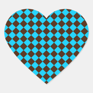 Blue Brown Diamond Chequered Pattern Heart Sticker