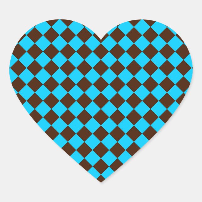 Blue Brown Diamond Chequered Pattern Heart Sticker (Front)