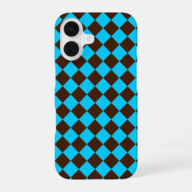 Blue Brown Diamond Chequered Pattern iPhone 16 Case (Back)