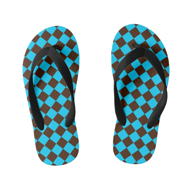Blue Brown Diamond Chequered Pattern Kid's Thongs (Footbed)