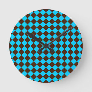 Blue Brown Diamond Chequered Pattern Round Clock