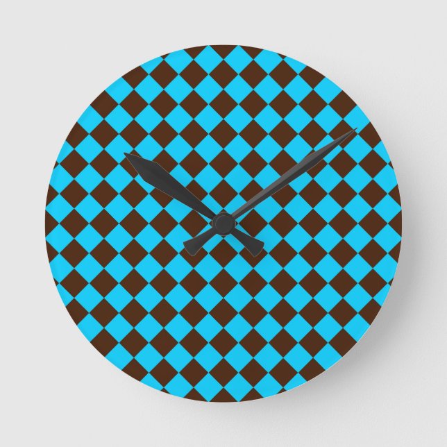 Blue Brown Diamond Chequered Pattern Round Clock (Front)