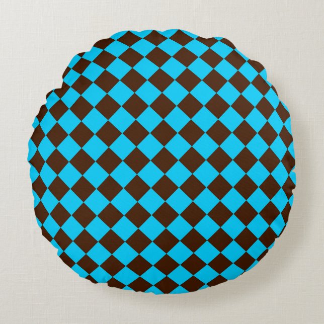 Blue Brown Diamond Chequered Pattern Round Cushion (Front)
