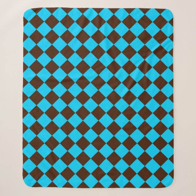 Blue Brown Diamond Chequered Pattern Sherpa Blanket (Front)