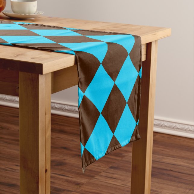 Blue Brown Diamond Chequered Pattern Short Table Runner (In Situ)