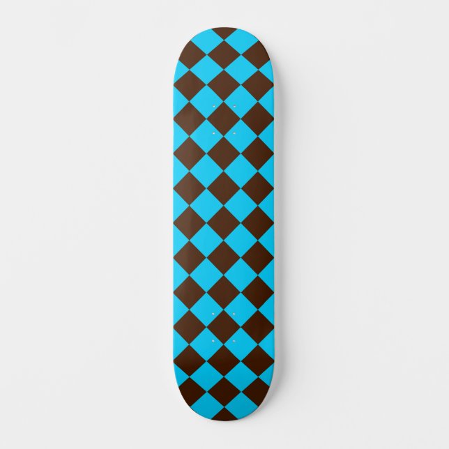 Blue Brown Diamond Chequered Pattern Skateboard (Front)