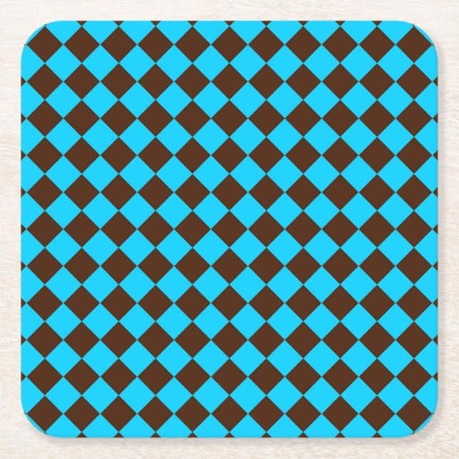 Blue Brown Diamond Chequered Pattern Square Paper Coaster (Front)