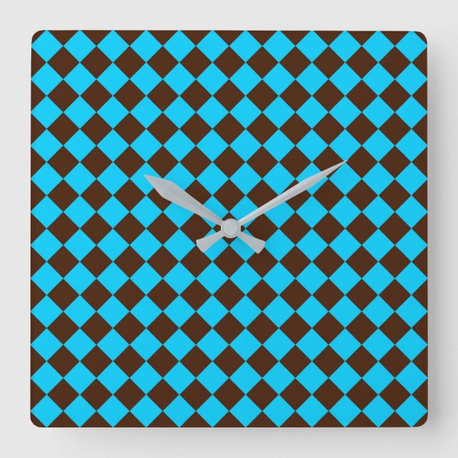Blue Brown Diamond Chequered Pattern Square Wall Clock (Front)