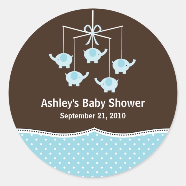 Blue & Brown Elephant Mobile Baby Shower Classic Round Sticker (Front)