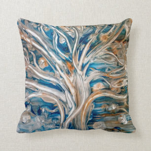 Blue Brown Gold Abstract Tree Cushion