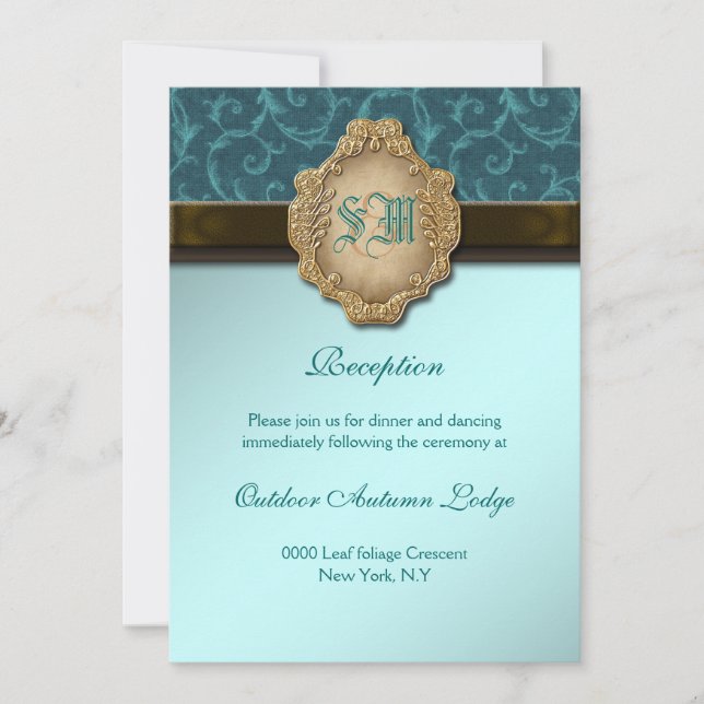 Blue brown gold lace wedding RECEPTION Invitation (Front)