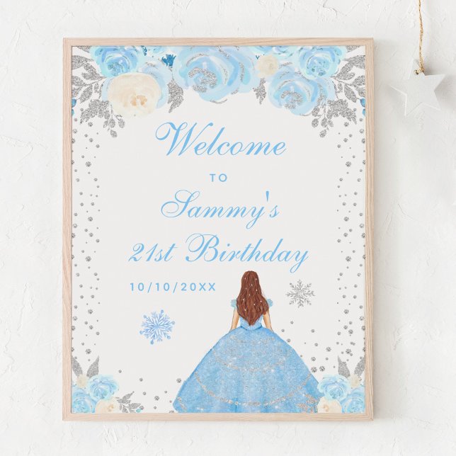 Blue Brown Hair Girl Birthday Party Welcome Poster (Creator Uploaded)