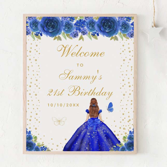 Blue Brown Hair Girl Birthday Party Welcome Poster (Creator Uploaded)