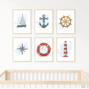 Blue Brown Helm Ship's Wheel Nautical Ocean Theme Poster
