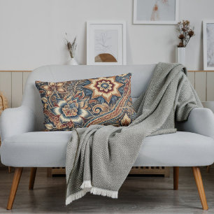 Blue Brown Ivory Indonesian Batik Floral Pattern Lumbar Cushion