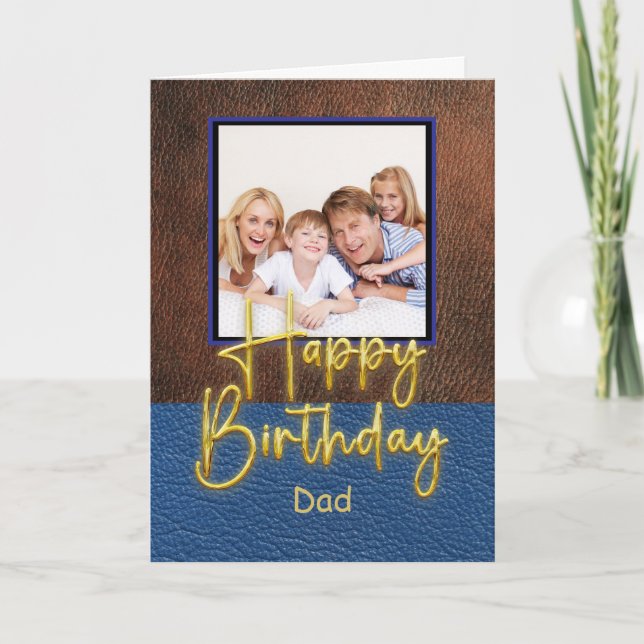 Blue & Brown leather Gold Script Dad Birthday Card (Front)