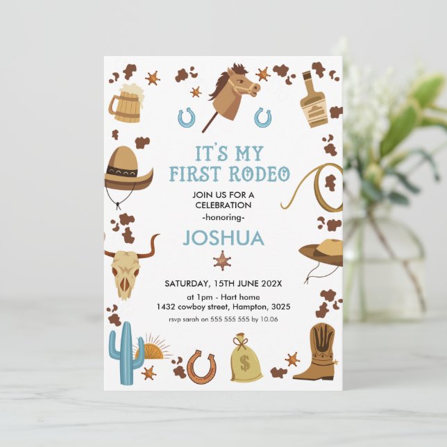 Blue Brown My First  Rodeo Cowboy 1st Birthday  In Invitation (Standing Front)