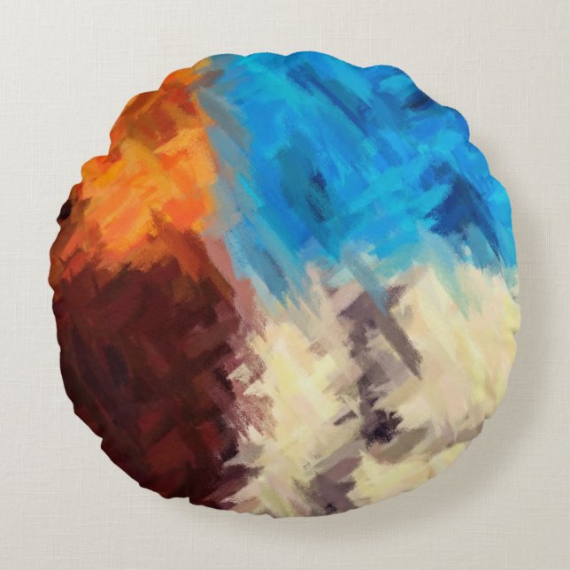 Blue Brown Orange Abstract Painting Round Pillow (Front)
