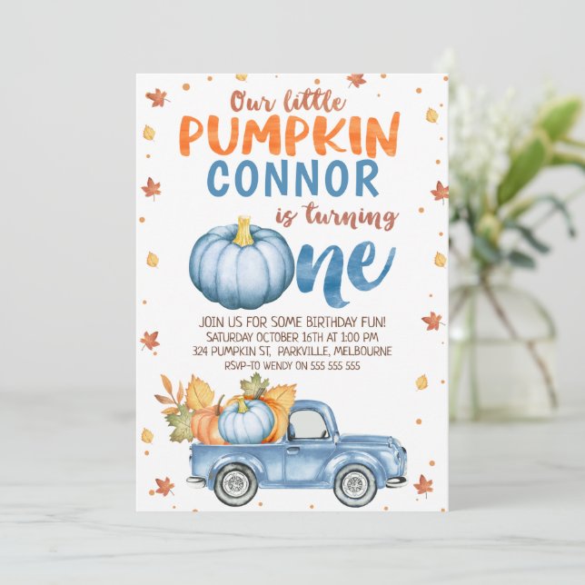 Blue Brown Orange Pumpkin Truck 1st Birthday Invitation (Standing Front)