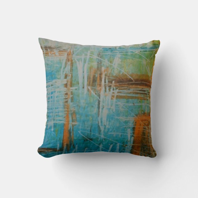 Blue Brown Orange Soft Colour Abstract Painting Cushion (Front)