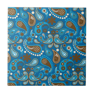 Blue Brown Paisley Floral Flowers Farmer Classy Ceramic Tile