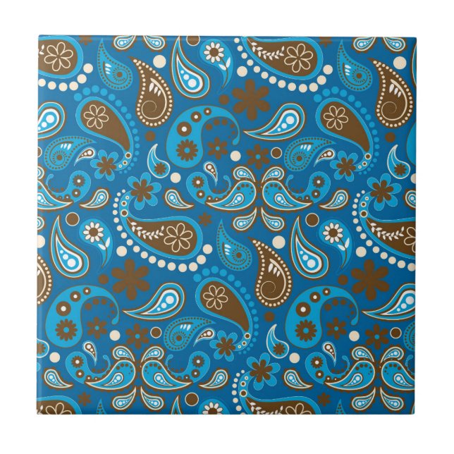 Blue Brown Paisley Floral Flowers Farmer Classy Ceramic Tile (Front)
