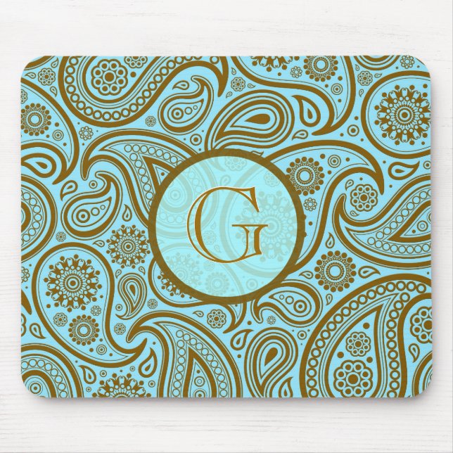 Blue & Brown Paisley Retro Pattern-Monogram Mouse Pad (Front)