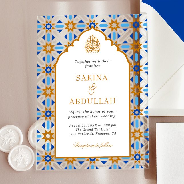 Blue Brown Persian Mosaic Muslim Wedding Acrylic Invitations (Creator Uploaded)
