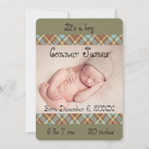 Blue Brown Plaid Baby Boy Photo Announcement