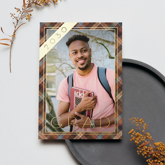 Blue Brown Plaid Gold Foil Graduation Announcement (Creator Uploaded)