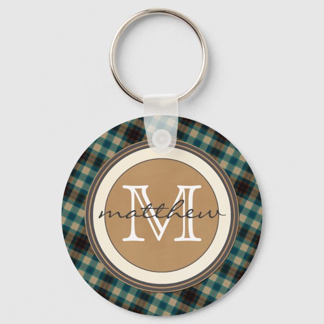 Blue Brown Plaid Monogram Key Ring (Front)