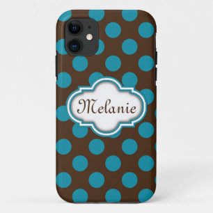 Blue Brown Polka Dots Quatrefoil Nameplate iPhone 11 Case
