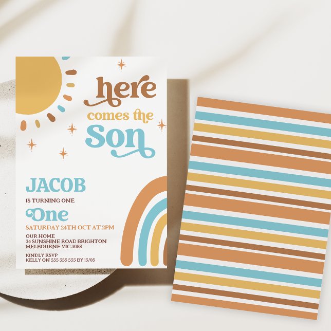 Blue Brown Retro Here Comes The Sun 1st Birthday Invitation (Here come the sun 1st birthday invitation boy, Retro sun first birthday party invitation, Sunshine)