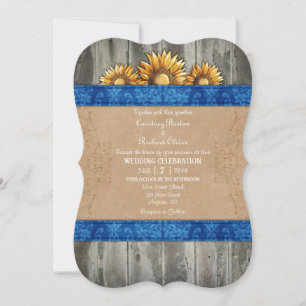 Blue Brown Rustic Sunflower Wedding Invite