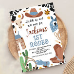 Blue Brown Saddle Up First Rodeo 1st Birthday  Invitation<br><div class="desc">Blue Brown Saddle Up First Rodeo 1st Birthday Invitation

Cute boy's first rodeo 1st birthday invitation featuring some cowboy boots,  cowboy hat,  some ropes,  cactus,  sheriff badge and black cow print pattern.</div>