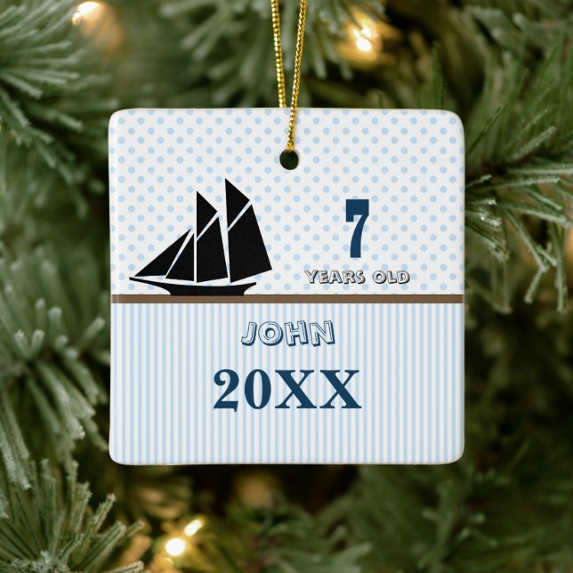 Blue & Brown Sail Boat  Dot Stripes Photo Ornament (Tree)