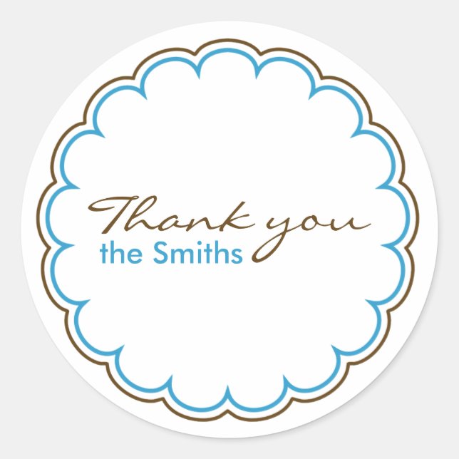 Blue Brown Scallop Thank You Stickers (Front)