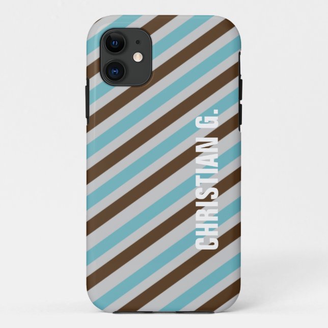 Blue brown stripe pattern custom name personal Case-Mate iPhone case (Back)