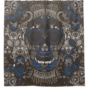Blue & Brown Sugar Skull Line Art Shower Curtain