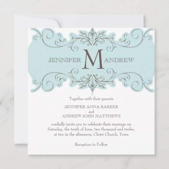 Blue Brown Swirl Monogram Wedding Invitations (Front)