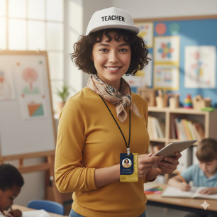 Blue Brown Teacher Name Badge with QR and Photo ID Badge