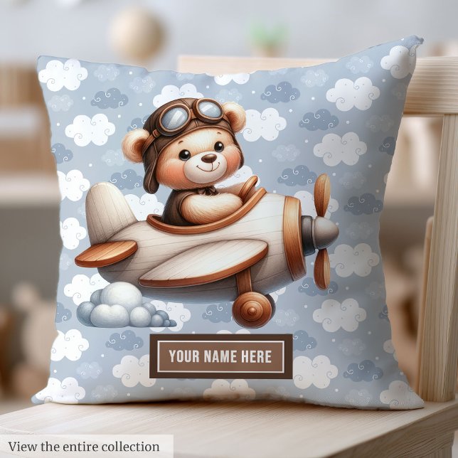 Blue Brown Teddy Bear Baby Shower Personalised Cushion (Blue Brown Teddy Bear Baby Shower Personalized Throw Pillow)