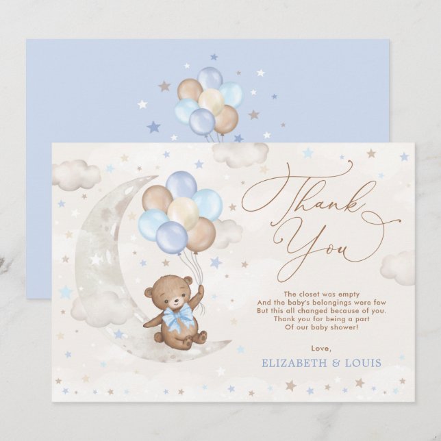Blue Brown Teddy Bear Balloons Clouds Moon Stars Thank You Card (Front/Back)