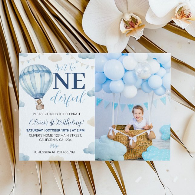 Blue Brown Teddy Bear Birthday Photo Invitation (Creator Uploaded)