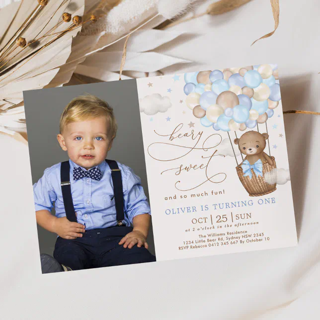 Blue Brown Teddy Bear Hot Air Balloon 1st Birthday Invitation | Zazzle