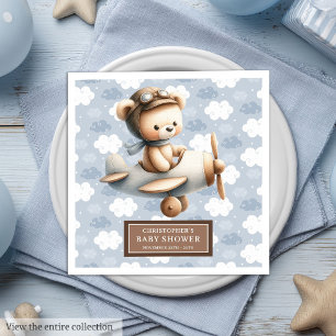 Blue Brown Teddy Bear Pilot Napkins for Baby Boys