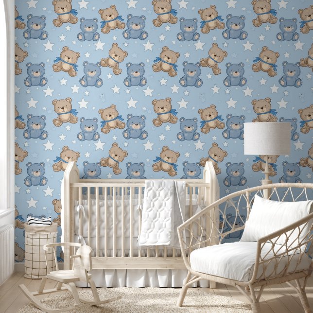 Blue Brown Teddy Bear Stars Pattern Baby Nursery Wallpaper (Kids)