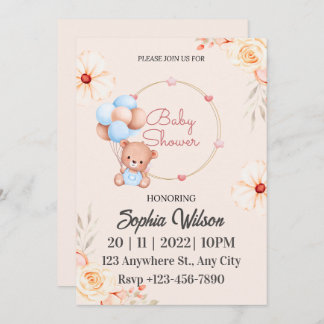  Blue Brown Teddy Bear with Balloons Baby Shower Invitation